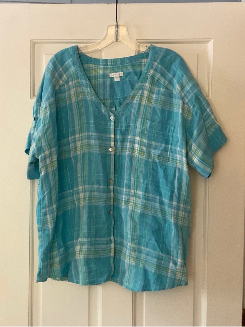 J. Jill Love Linen Coastal Relaxed Button Up Top Blue Plaid Roll Tab Sleeve L